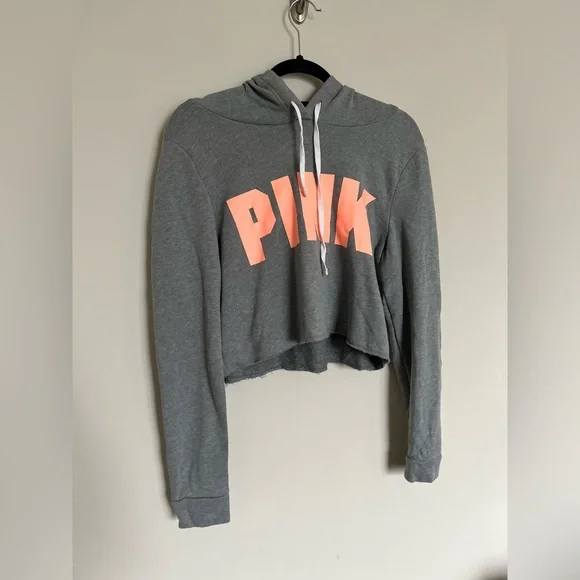 PINK Victoria’s Secret Cropped Hoodie Gray Neon Logo Size S - Picture 5 of 9